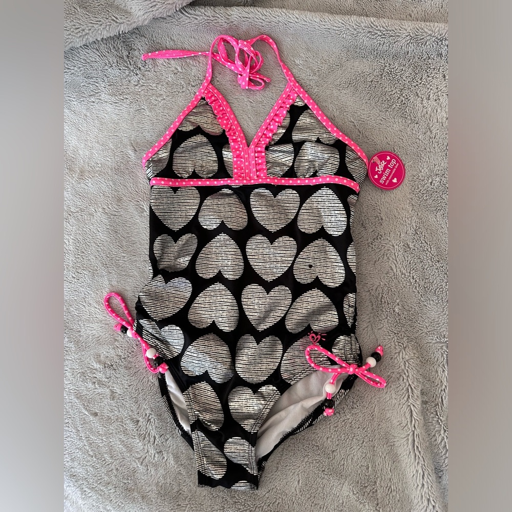 Justice Girls Black & Silver Heart One-Piece Swimsuit with Hot Pink Trim